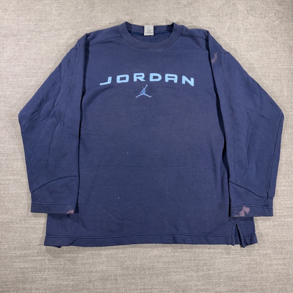 Jordan Sweatshirt Mens Large Navy Blue Fair Bleach Stained Jumpman Logo Crewneck
